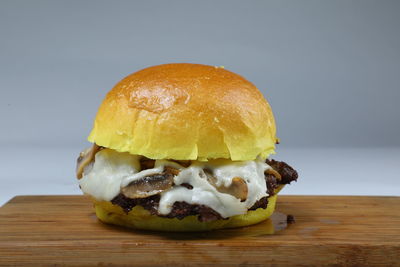 Close-up of burger on table