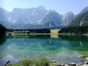 Scenic view of lake and mountains against clear sky