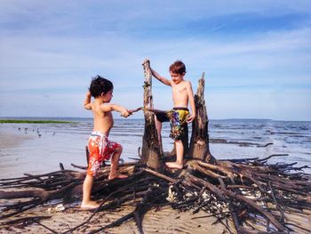 Friends standing on beach against sky