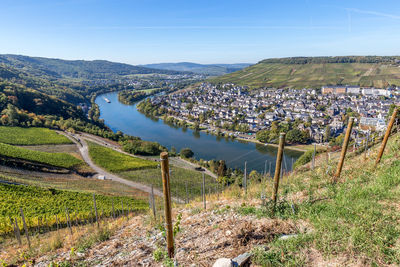 High angle view of vineyard against sky