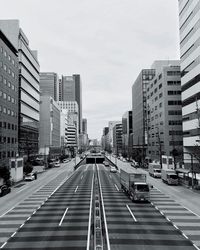 View of city street and buildings against sky
