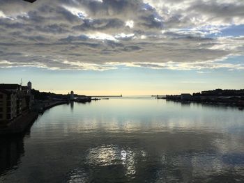 Scenic view of river against sky at sunset