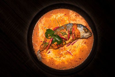 High angle view of food in bowl on table