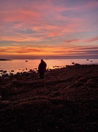 Rear view of silhouette on beach against sky during sunset