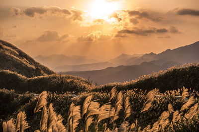 Scenic view of mountains against sky during sunset