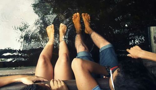 People relaxing on tree trunk