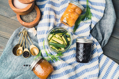 High angle view of bread in jar on table