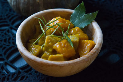 Close-up of seitan stew in bowl on table