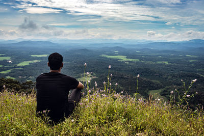 Rear view of man sitting on land