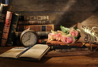 High angle view of roses on table