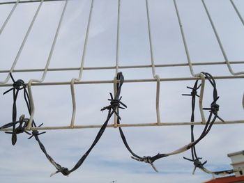 Low angle view of barbed wire against sky
