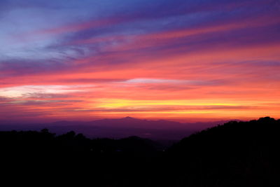 Scenic view of silhouette mountains against sky at sunset