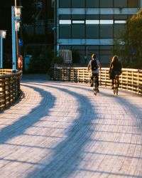 Rear view of people walking in city