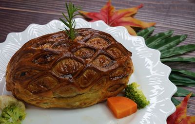 High angle view of food served on table