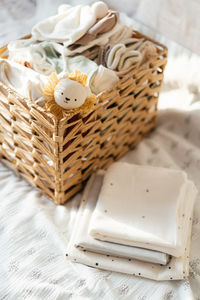 High angle view of wicker basket on table