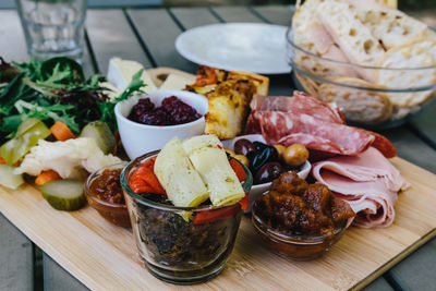 Close-up of served food on table