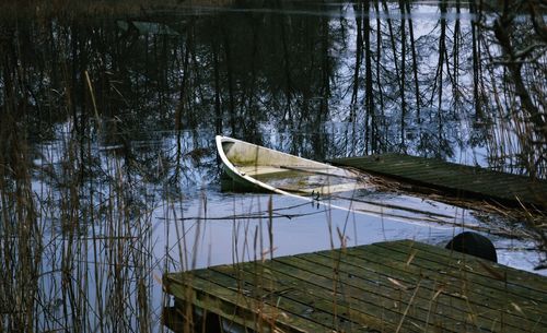 Canoe sinking in lake