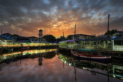 Reflection of buildings in lake against sky during sunset