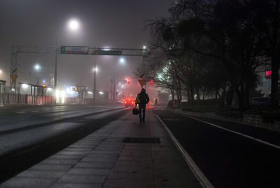 Rear view of man standing on illuminated street at night