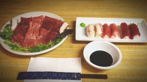 High angle view of meal served on table