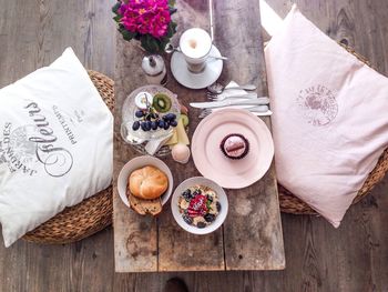 High angle view of breakfast on table