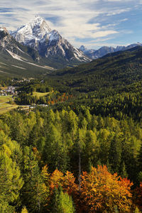 Scenic view of mountains against sky during autumn