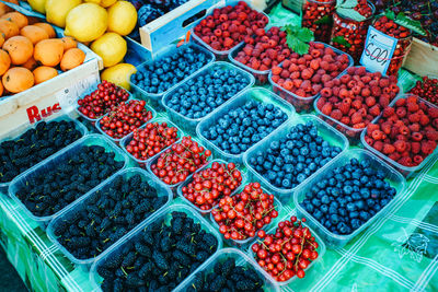 High angle view of fruits for sale in market