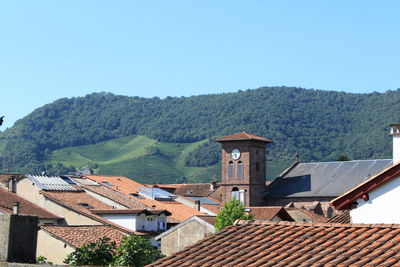 High angle view of houses and buildings against clear sky