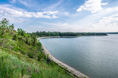 Summer scenic views of at lake against sky at the glenmore reservoir in calgary, alberta.