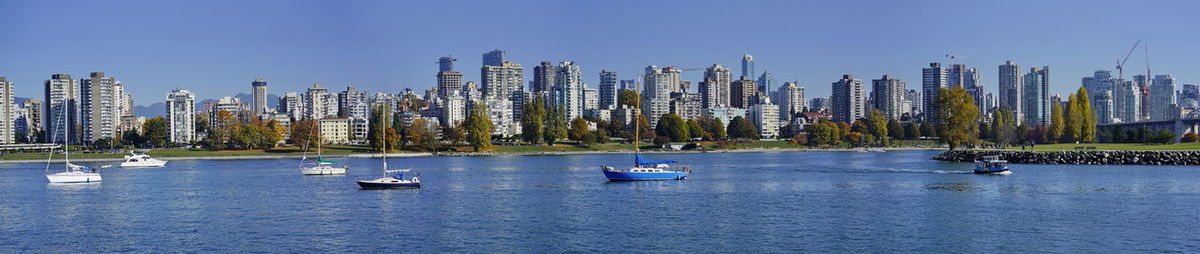 Panoramic view of boats in sea against clear blue sky