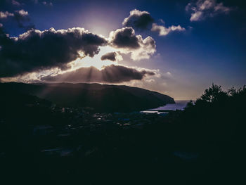 Scenic view of silhouette mountain against dramatic sky