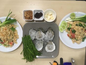 High angle view of meal served on table