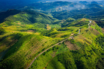 High angle view of green landscape view and mountains pass 
