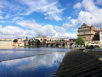 Bridge over river in city against cloudy sky