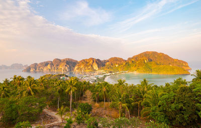 Ko phi phi island at sunrise, popular white beach and tourist resorts in the jungle, krabi, thailand