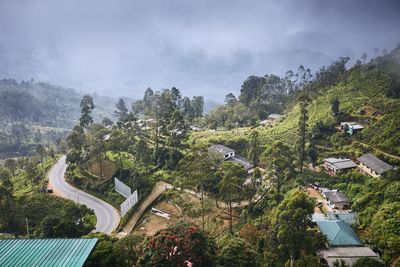 High angle view of trees and buildings against sky