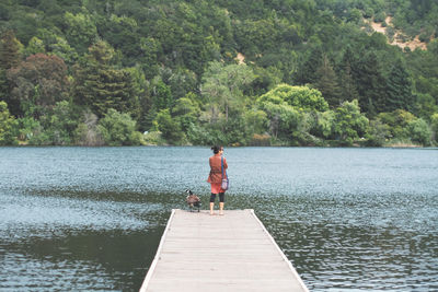 Full length rear view of woman standing by goose on jetty over lake