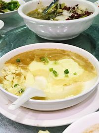 High angle view of soup in bowl on table