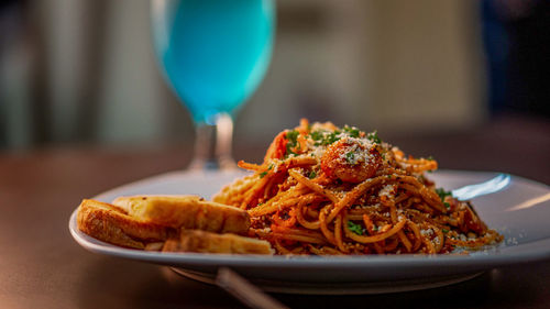 Close-up of food in plate on table