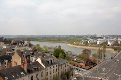 High angle view of town against sky