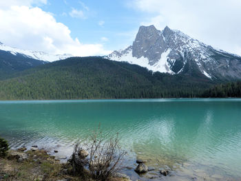 Scenic view of lake with mountains in background