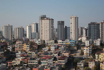 Aerial view of buildings in city against sky