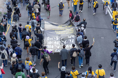 High angle view of people on city street