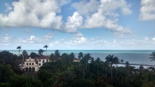 High angle view of houses by sea