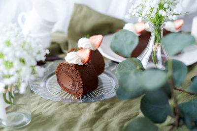 High angle view of chocolate cake on table