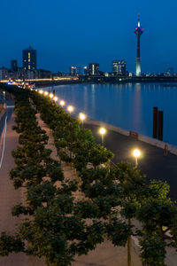 View of city lit up at night