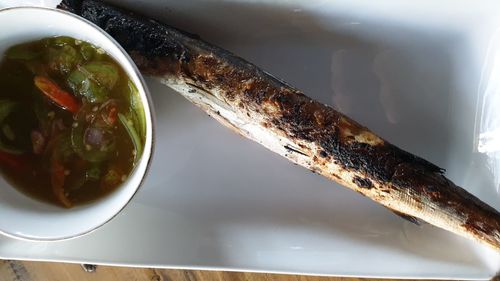 High angle view of food in bowl on table