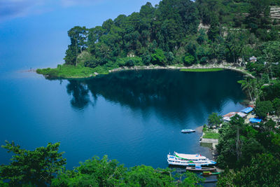 High angle view of boats in bay