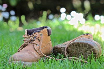 Close-up of shoes on field