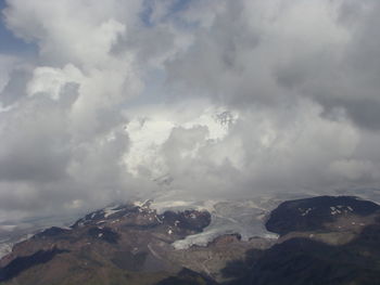 Aerial view of snowcapped mountains against sky